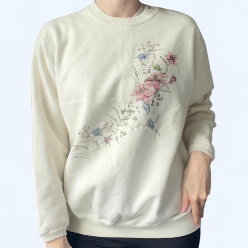Vintage Northern Reflections Floral & Bird Print Cream Pullover Sweater‎ S